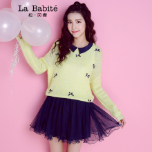 波点绣花两件套毛衣连衣裙女 黑色 M