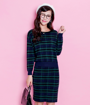 拉夏贝尔套头针织衫 2015冬新款休闲圆领直身裙套装女 拉贝缇 墨绿色 M