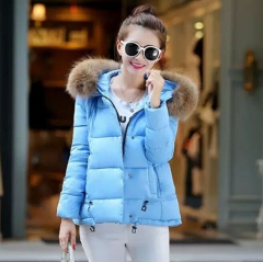 新款女装韩版修身A字斗篷棉衣加厚保暖短外套大毛领连帽羽绒棉服 蓝色 M