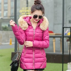 2015新款冬装棉衣外套女中长款大码加厚毛领羽绒棉服韩版修身棉袄 粉色 M