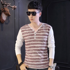 2015秋季新款男士长袖t恤潮纯棉秋长袖修身韩版青年体恤运动小衫 白拼枣红 M
