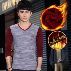 2015冬款新品 男式拼接长袖加厚加绒保暖V领T恤男装不倒绒 酒红 M