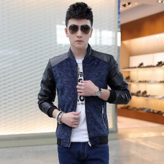 酷迪璐新品男式夹克外套男士pu皮衣韩版休闲绒布接男装 蓝色 M